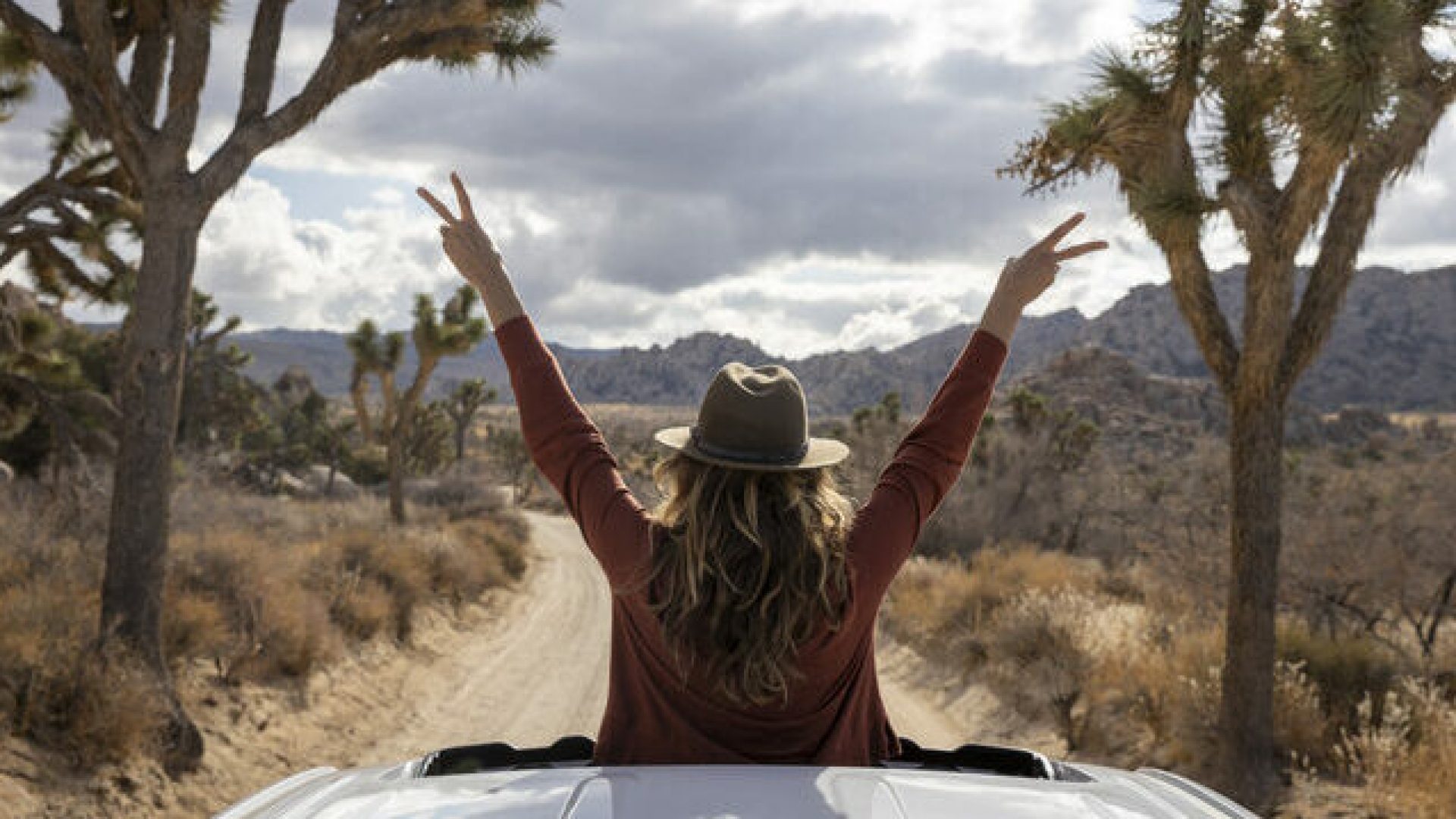 A woman out the sunroof of her car taking in the beautiful scene in Joshua Tree.